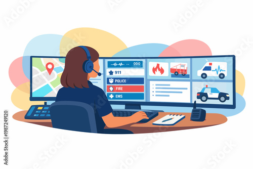 Emergency 911 Dispatcher Working at Multi Monitor Control Station