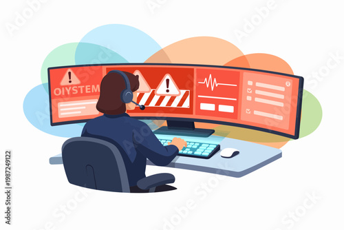 Emergency Service Dispatcher Managing Red Alert on Multiple Screens