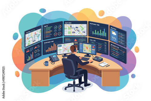 Emergency 911 Dispatcher Working in Control Center with Monitors