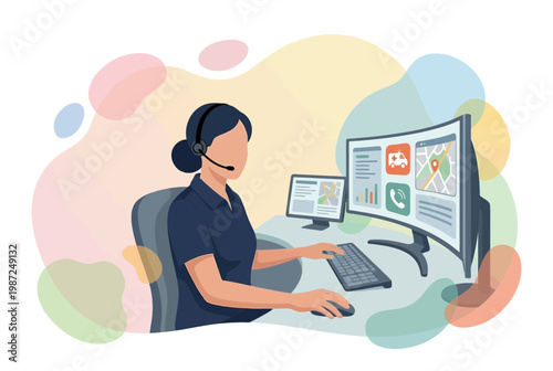 Female Emergency Dispatcher Operating 911 Call Center Workstation