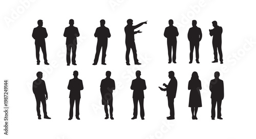 Business people silhouettes in professional poses including standing talking pointing and using digital mobile devices.