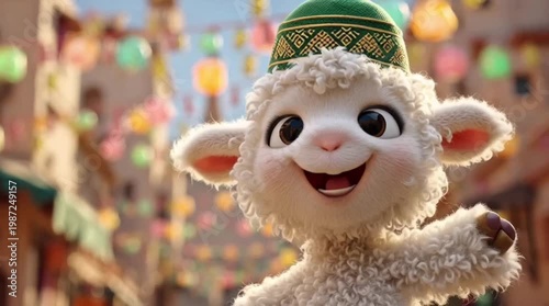 A fluffy white 3D animated lamb wearing a green and gold embroidered Islamic cap waving happily in a sunlit village decorated with festive colorful lanterns for Eid al-Adha.