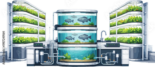 Dual Aquaponics Towers with Fish Tanks and Vertical Plant Racks