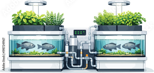 Dual Aquariums With Fish And Plants Under LED Lights