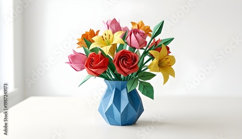 Origami Floral Arrangement: A delicate origami bouquet bursts forth from a geometric vase, celebrating the artistry of paper with its intricate folds and vibrant colors.