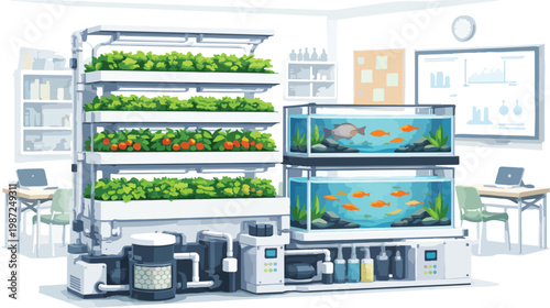 Indoor vertical farm and aquaponics system in an office setting