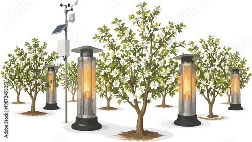 Orchard with flowering trees and patio heaters blossoms