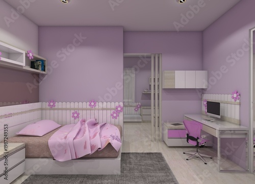 Modern minimalist girls' bedroom interior design with vibrant purple and white furniture combination. Featuring a study desk, hanging cabinets, decorative wall partition, and floral accents.