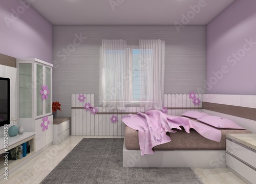 Modern minimalist girls' bedroom interior featuring white furniture with vibrant purple accents and a grey patterned wallpaper.