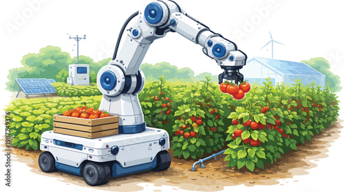 Robotic arm harvesting tomatoes in a smart farm with solar panels
