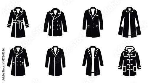 Set of black trench coats and outerwear for men and women isolated on transparent background