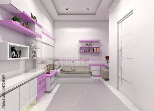 Modern minimalist girls' bedroom interior with white furniture and vibrant purple focal points. This detailed 3D rendering features a bed with a floral motif headboard. 