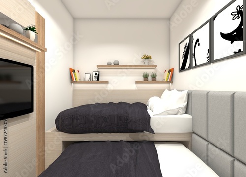 Minimalist semi-Japanese style kids' bedroom interior with light wood grain furniture and grey padded accents.