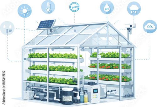 Smart greenhouse with aquaponics and environmental monitoring icons