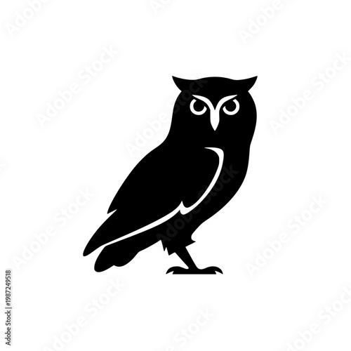 Black silhouette of an owl standing on one leg looking forward with a sharp gaze vector graphic illustration design