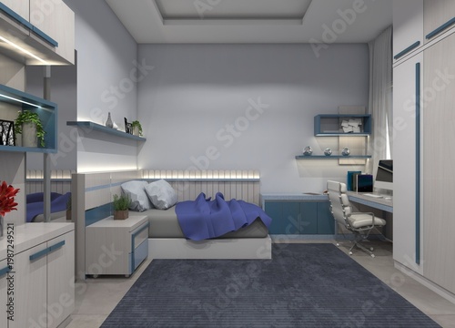 Modern minimalist boys' bedroom interior featuring soft grey and beige wood grain furniture with vibrant blue accents.