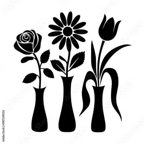 Three black silhouette vases with a rose, daisy, and tulip on white background