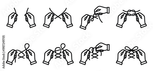 Set of hands tying shoelace step by step outline icons. instruction for tying shoes vector illustration