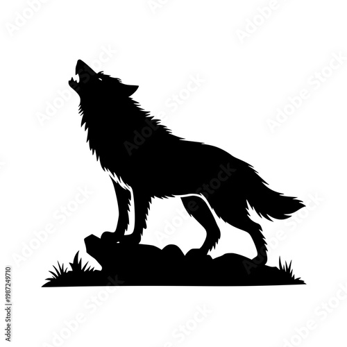 A wolf stands on a rock howling loudly in a vector graphic illustration