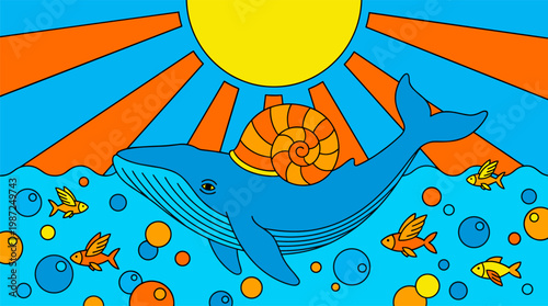 Cosmic Whale With Snail Shell In Bubble Sea Pop Surrealism Flat Illustration With Bold Outlines