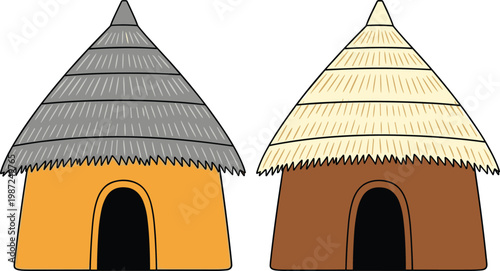Traditional Thatched Huts with Different Roof Colors Representing Rural Village Architecture, Indigenous Housing, and Cultural Heritage in Flat Vector Illustration