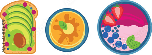 Colorful illustration of avocado toast, pancakes, and fruit salad on plates