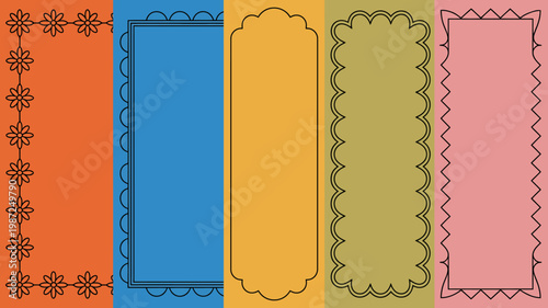 A colorful arrangement of rectangular frames with decorative borders is displayed showcasing a variety of patterns and hues high quality professional detailed modern elegant stylish clean