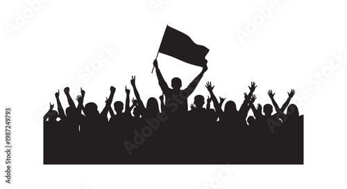 Cheerful crowd of people at concert or public protest raising hands and holding flag isolated silhouette background art.