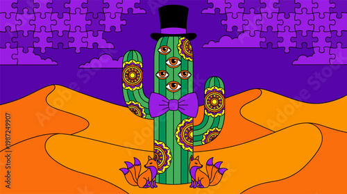 Multi-eyed Desert Cactus with Mandala Patterns and Top Hat in Surreal Puzzle Clouds Pop Surrealism Flat Illustration with Bold Outlines
