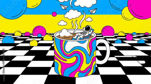 Miniature Astronaut Relaxing in Giant Coffee Mug with Steam Clouds Pop Surrealism Flat Illustration with Bold Outlines
