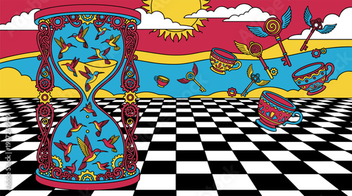 Ornate Hourglass Filled with Hummingbirds and Winged Keys in Surreal Checkered Landscape Pop Surrealism Flat Illustration with Bold Outlines