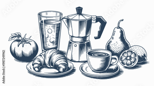 A vintage style illustration depicts a still life arrangement of breakfast items including coffee fruit and pastry high quality professional detailed modern elegant stylish clean crisp