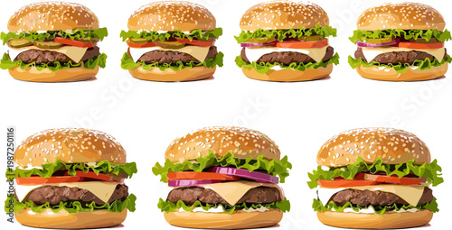 Delicious Burger Set with Lettuce, Cheese, Tomato, and Onion in Sesame Seed Buns for Food, Fast Food, and Culinary Illustration Designs
