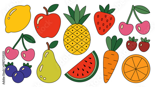 A colorful assortment of hand drawn fruits and vegetables are displayed against a clean white background showcasing vibrant playful designs high quality professional detailed modern elegant