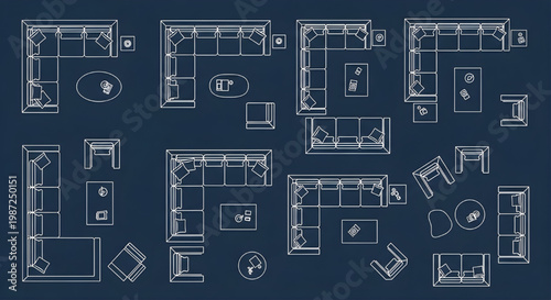 Living Room Sofa Top View Blueprint Vector Set – Single L Shape U Shape Modern Sectional Furniture AutoCAD Technical Drawing White Outline on Dark Blue Background