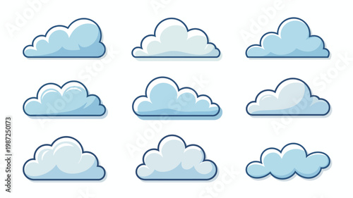 A collection of nine cartoon style clouds is displayed against a white background varying in shape and size high quality professional detailed modern elegant stylish clean