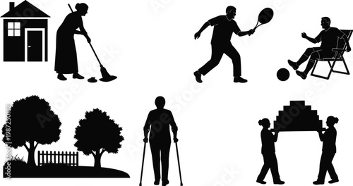 People lifestyle silhouettes vector set, daily activities collection, working cleaning sports gardening scenes, human actions illustration, social life design elements pack