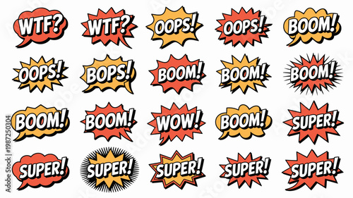 A collection of vibrant comic book style speech bubbles displaying various exclamations like wow boom and oops against a white background high quality professional detailed modern