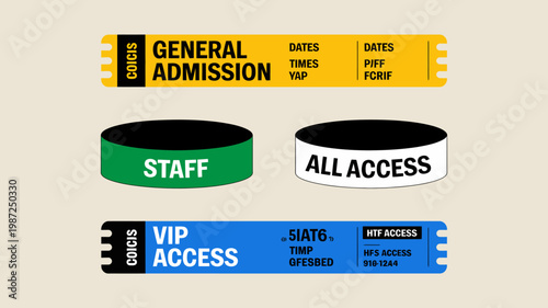 An illustrative image showcases various event access credentials including general admission staff all access and vip passes high quality professional detailed modern elegant stylish clean crisp