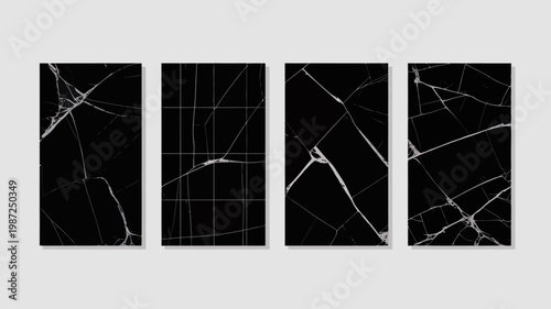 A series of four vertical rectangular panels display abstract black and white cracked or fractured patterns resembling broken glass high quality professional detailed modern elegant stylish