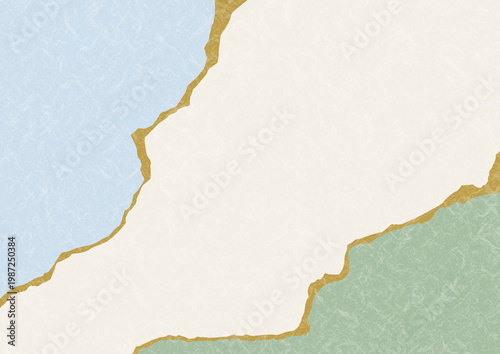 Japanese washi paper background with torn edges and gold foil, soft green and blue colors, elegant minimal design