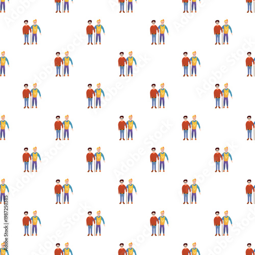 Assisting person guiding a blind man with a cane in a repeating graphic pattern