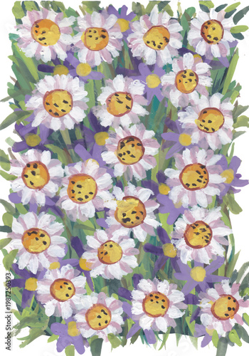 Daisies in the garden hand drawn gouache art
