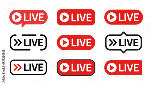 A collection of red and black live broadcast icons displays various button and badge designs with play symbols high quality professional detailed modern elegant stylish clean