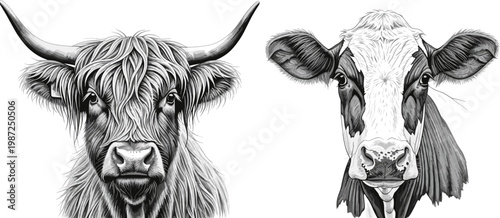Hand Drawn Cow and Highland Cattle Portrait Set with Detailed Fur Texture, Farm Animals, Livestock Illustration, Rural Agriculture, and Black and White Sketch Art