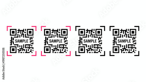 Four distinct quick response codes are displayed against a white background two highlighted with a pink border high quality professional detailed modern elegant stylish clean crisp