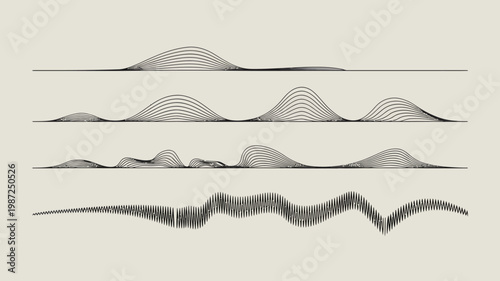 This minimalist graphic displays three sets of overlapping horizontal wave patterns diminishing in height from top to bottom high quality professional detailed modern elegant stylish clean