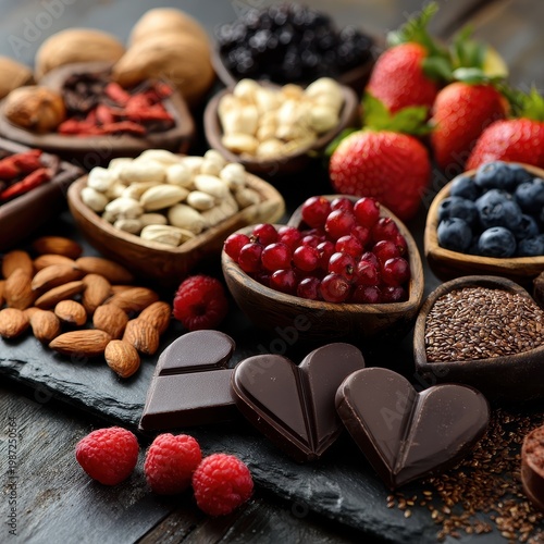 Vibrant Superfood Medley - Berries, Nuts, Seeds, and Heart-Shaped Dark Chocolates on Rustic Slate.