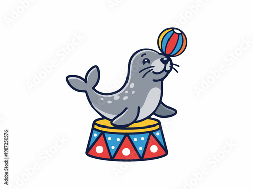 Cute Circus Seal Balancing Ball on Nose Cartoon Illustration
