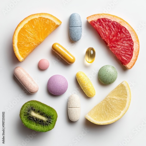 Vibrant Vitamin Pills and Fresh Fruit Slices for Holistic Health and Nutrition.